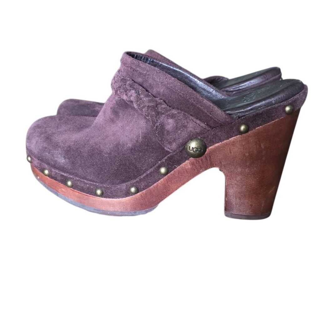 Ugg Women's Size 6 Dark Brown Suede Studded Open Back Mule Heels